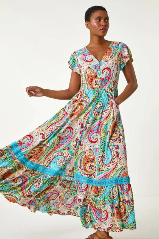 Roman Womens Paisley Print Shirred Waist Maxi Dress in Light Blue Size: 12 Light Blue Female 12