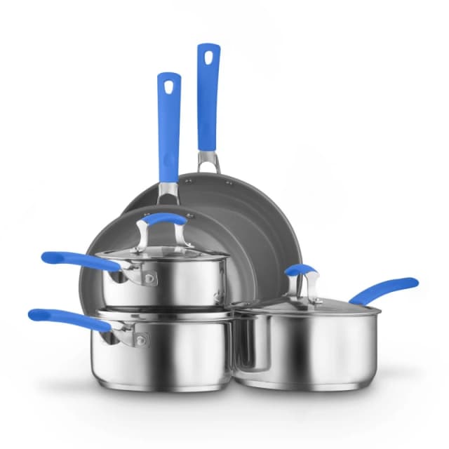 Sur La Table 5 Piece Yellow Cookware Set, 16/18/20cm Saucepans, 24/28cm Frying Pans Stainless Steel, Induction Compatible in Blue Size: A Blue Unise