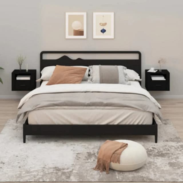 Vidaxl 2X Wall-mounted Bedside Cabinets Bedroom Floating Bedside Wall Unit Floating Nightstand Wall Bedside Cabinet For Next To Bed Black 50X36X40 Cm,