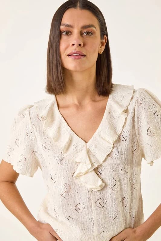 Roman Womens Textured Frill V-Neck Top in Cream Size: 20 Cream Female 20