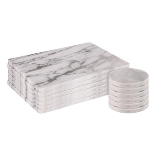 Argon Tableware 12Pc Marble Placemats & Round Coasters Set - White Kitchen Dining Table Mats Coaster Protector Place Mats Set