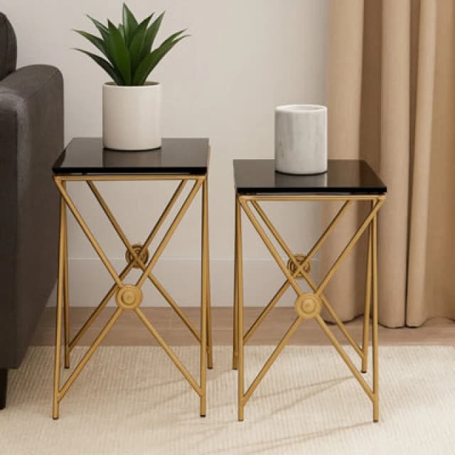 Premier Housewares Stylish Design Gold Finish Side Tables, Versatile Side Table By Couch For Livingroom, Durable Lounge Table Black