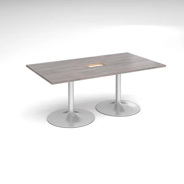 Trumpet Base Rectangular Office Boardroom Table with Power Module Cut Out - Grey Oak - Silver Base - W1800mm