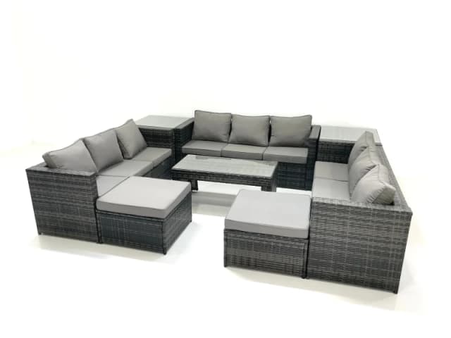 Fimous Outdoor Garden Furniture Set 8 Pieces Rattan Sofa Set with Coffee Table 2 Big Footstools Side Table Dark Grey Mixed Dark Grey