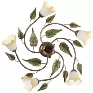 Onli Miranda 5 Light Multi Arm Semi Flush Ceiling Lamp, Antique Gold, Glass Shades