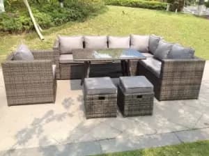 Fimous 7 Seater Outdoor Dark Grey Rattan Lounge Complete Sofa Set with Dining Table and 2 Big Footstools