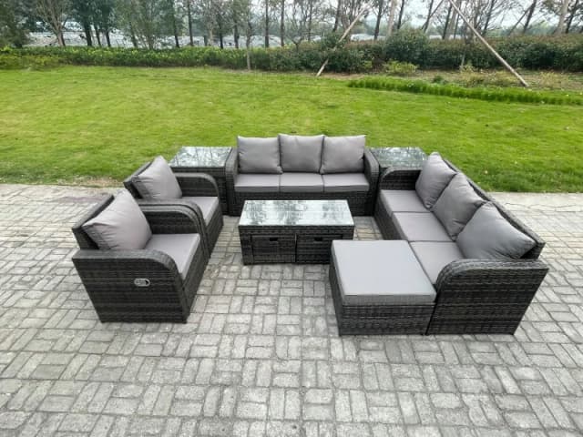 Fimous Wicker PE Rattan Sofa Set 11 Seater Outdoor Patio Garden Furniture Set with 2 Reclining Chairs Coffee Table 2 Side Tables Dark Grey