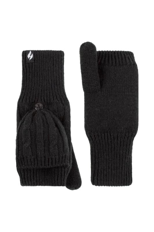 SOCKSHOP Heat Holders 1 Pair Ash Cable Knit Converter Mittens Black
