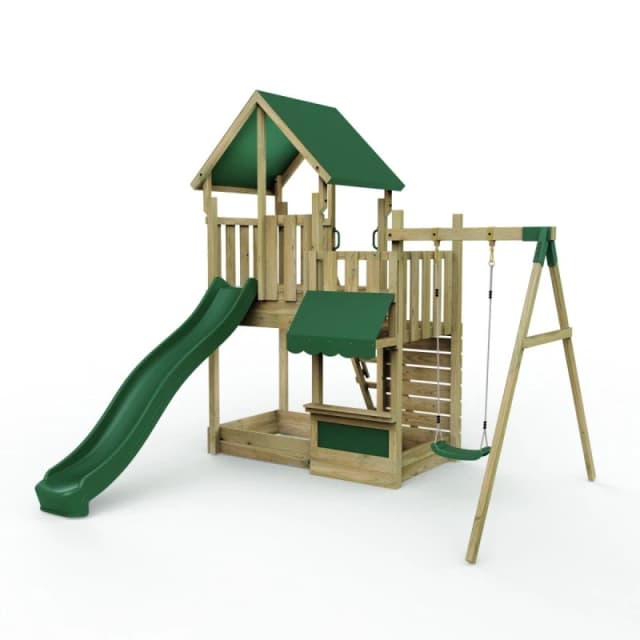 Rebo Wooden Climbing Frame with Play Tower and Slide - M3 Single Shop Brown