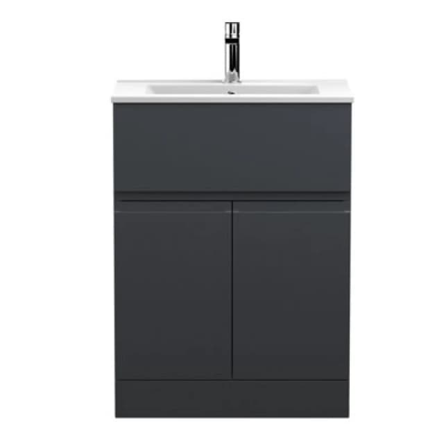 Hudson Reed Urban Floor Standing 2 Door 1 Drawer Vanity Unit With Minimalist Basin, Modern Vanity Unit In Soft Black, 600mm
