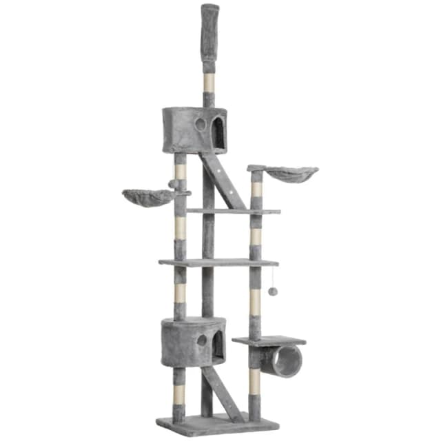 PawHut Pawhut - 240-260cm Floor to Ceiling Cat Tree with Scratching Posts Light Grey 5056725363789