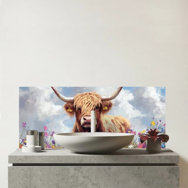 Warren Reed - Designer Highland Cow In A Summer Meadow Glass Bathroom Splashback Multicolor Unisex