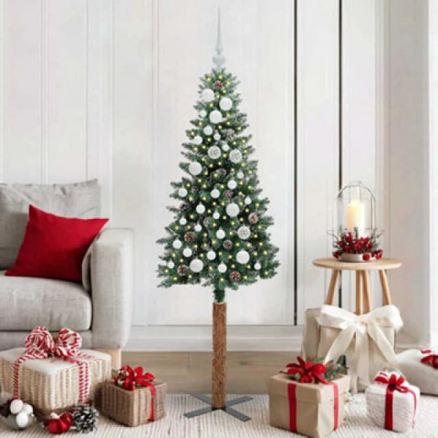 vidaXL Slim Christmas Tree with 150 LEDs, White Balls Green and White 150 cm, Green 3394889