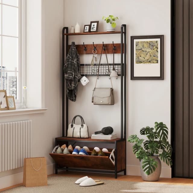 HOMCOM HOMCOM 5-In-1 Coat Rack with Shoe Storage Bench for Hallway Living Room in Brown Brown One Size Unisex 5063603774568