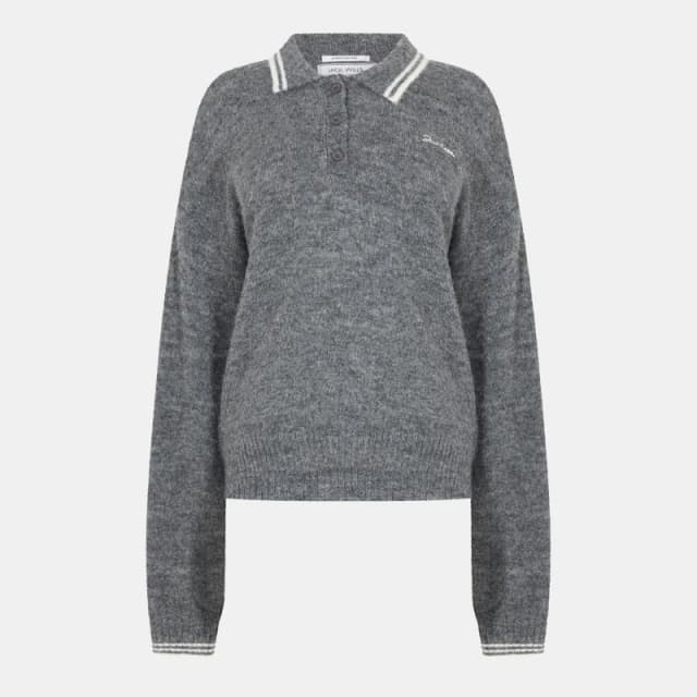Jack Wills Womens Knitted Long Sleeve Polo Shirt Charcoal female 8 (XS)