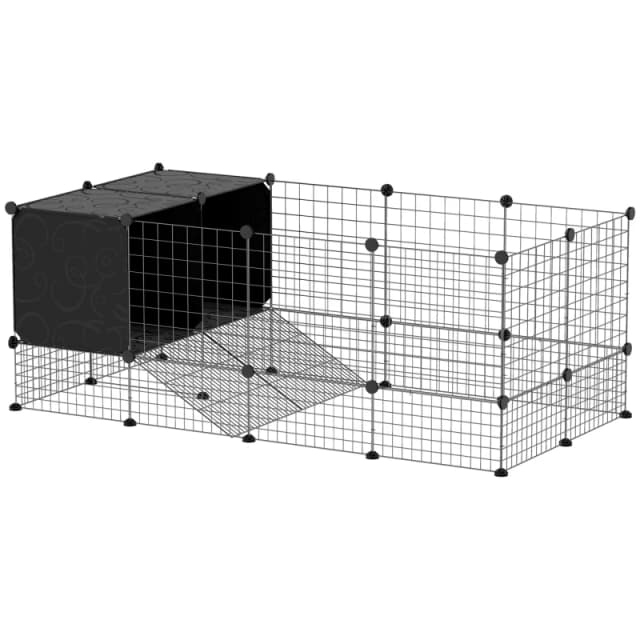 PawHut DIY Small Animal Cage w/ Elevated Huts for Guinea Pigs, Rabbits Black
