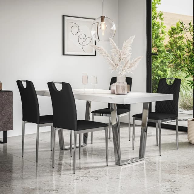 More4Homes Aria Dining Table And Chairs - White Marble Effect Top W Chrome Legs + 6 Monza Faux Leather Dining Chairs W Chrome Legs (Black)