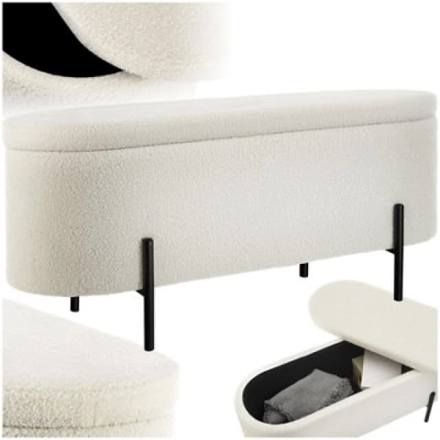 Tectake Hallway Bench Lanja - Upholstered, Cushioned, Built-In-Storage, 97 X 36 X 42cm - Boucle Cream-White