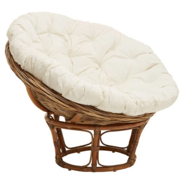Orsina Round Rattan Chair With Plush Big Cream Cushion, Rattan Outdoor Chair, Cane Chair In Round Design