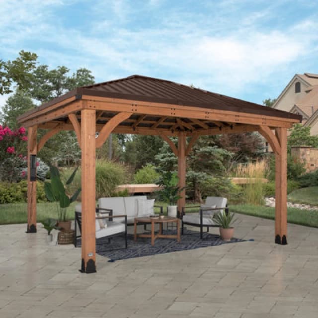 Backyard Discovery Barrington Cedar Wood Outdoor Patio Gazebo With Powerport 4.3M X 3.1M (14ft X 10ft)