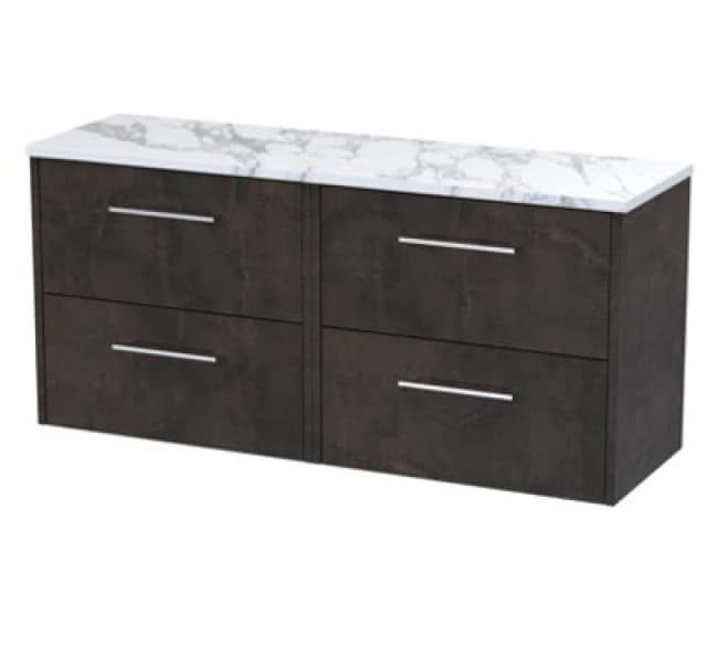 Nuie Hudson Reed Juno Wall Hung 4-Drawer Vanity Unit & Carrera Marble Worktop, Countertop Basin Unit In Metallic Slate, 1200mm