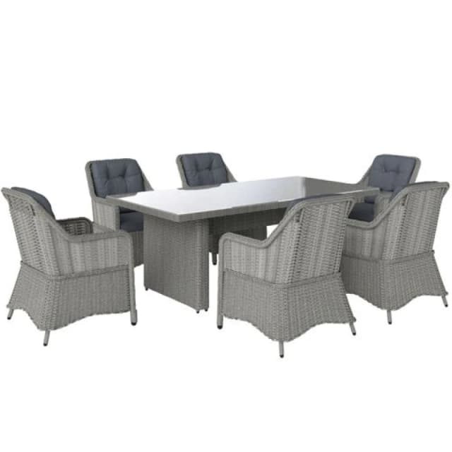 Outsunny 6 Seater Rattan Dining Set with Glass Top Table and Cushions, Grey Grey