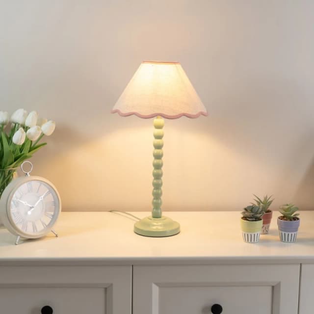 ValueLights Bobbins Sage Green Table Lamp with Tapered Natural Linen Scallop Shade Pink