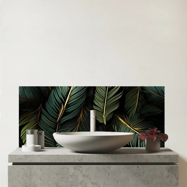 Warren Reed - Designer Green & Gold Leaves Glass Bathroom Splashback Green Unisex