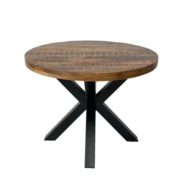 Jaipur Furniture Ltd Industrial Round X Leg Dining Table - FLAT PACK LEGS - Mango Wood/Iron - L170 x W170 x H76cm - PP Sawn Finish - Assembly Brown U