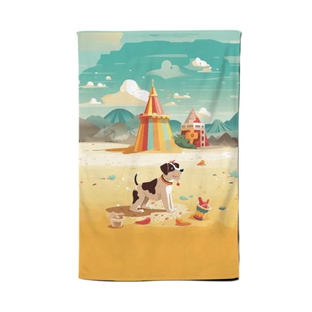 Warren Reed - Designer Doggy On A Beach Holiday Tea Towel in Yellow Yellow Unisex