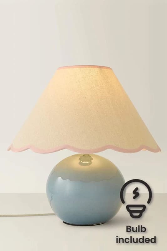 ValueLights Bosco Eucalyptus Teal Ceramic Table Lamp with Linen Scallop Shade and LED Bulb Pink