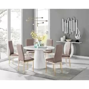 Furniture Box Palma White High Gloss Round Dining Table and 6 Cappuccino Milan Gold Leg Chairs