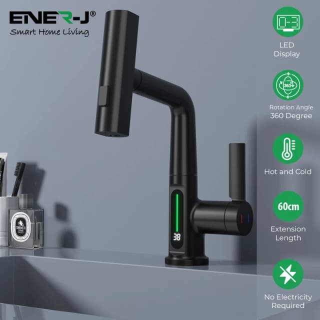 ENER-J Womens Modern Black Waterfall Basin Tap with LED Temperature Display & Pull-Out Sprayer - Stainless Steel Size: 100cm x 100cm Black Female