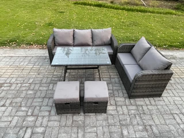 Fimous High Back PE Rattan Sofa Set Outdoor Garden Furniture Dining Table Set Love Sofa 3 Seater Sofa 2 Small Footstool Dark Grey unisex