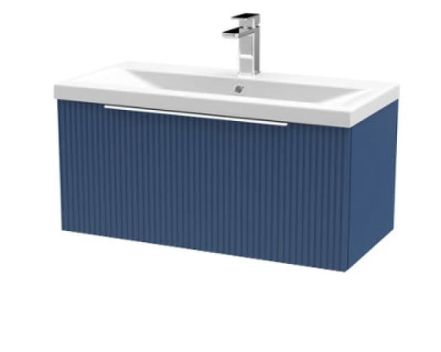 Hudson Reed Fluted 800mm Satin Blue Wall Hung Single Drawer Vanity Unit With Mid-Edge Basin-Satin Blue