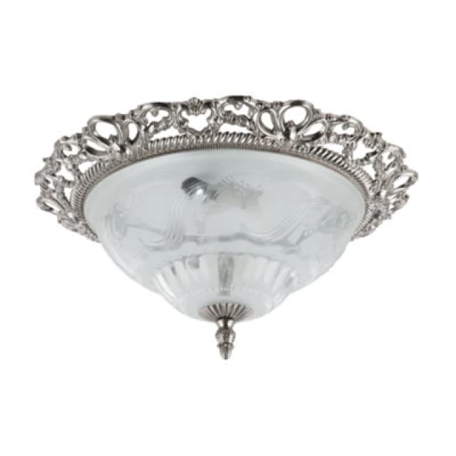 Happy Homewares Traditional Satin Nickel And Floral Glass Flush Ceiling Light