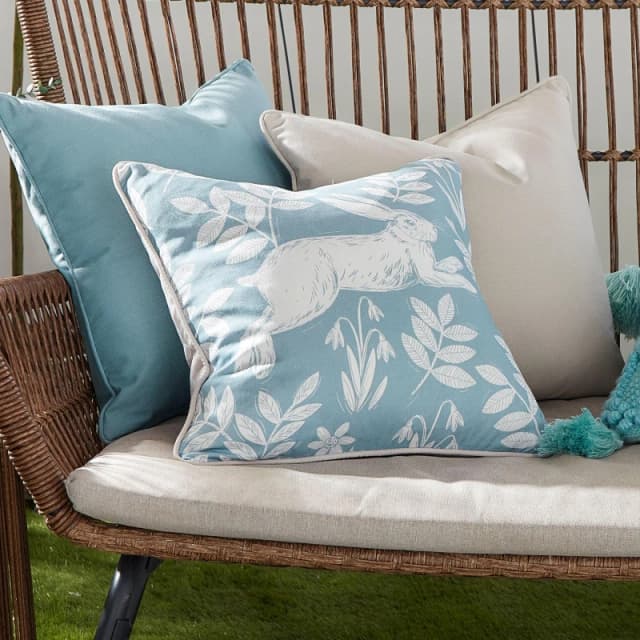 Dreams & Drapes 'Spring Rabbit' Outdoor Water & UV Resistant Garden Filled Bench Cushion Duck Egg Blue unisex