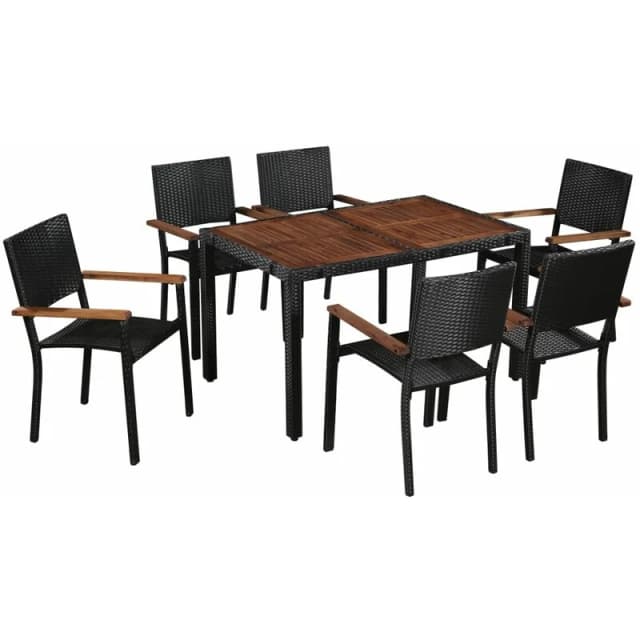 VIDAXL 7 Piece Outdoor Dining Set Poly Rattan and Acacia Wood Black Vidaxl 43935