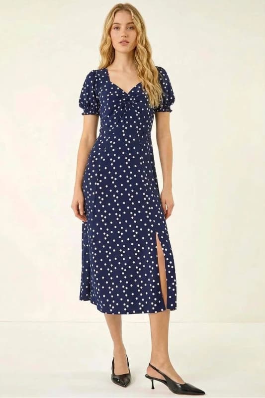 Roman Womens Spotted Sweetheart Stretch Midi Dress in Navy Size: 20 Navy Female 20