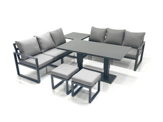Fimous 8 Seater Aluminium Outdoor Garden Furniture Set w/ Adjustable Rising Lifting Dining Table 3 Seater Sofa 2 Small Footstool Side Table Dark Grey