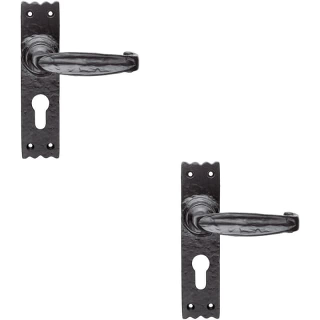 Loops 2x PAIR Creased Style Lever on Slim Euro Lock Backplate 156 x 38mm Black Antique Black