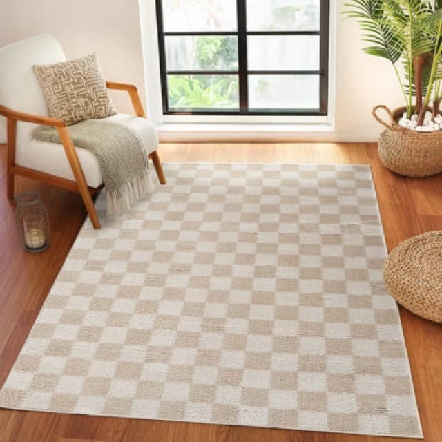 Livabliss Machine Washable Checkered Shaggy Beige Izaline Area Rug 200 X 275cm - Easy Care, Non Shedding, Ideal For Living Room & Bedroom