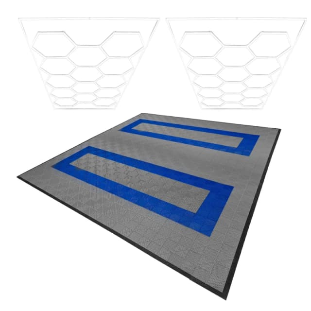Monstershop Hexagon LED Lights x 2 & Vented Garage Floor Tiles With Edges - 165 Grey & 60 Blue Grey