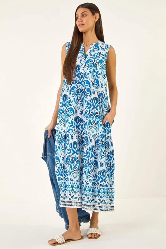 Roman Womens Printed Button Detail Midi Dress in Blue Size: 14 Blue Female 14