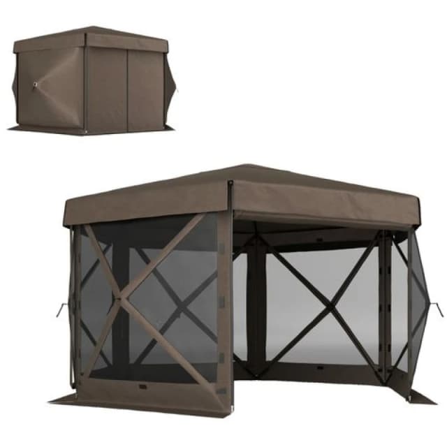 Outsunny 3 x 3(m) Hexagon Pop Up Gazebo with 5 Sides, Netting Brown