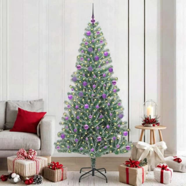 vidaXL Artificial Christmas Tree Snow Flocked with LED Light, Lilac Balls 210 cm, Green 3396830