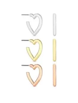 Mood Mood Tri Tone Polished Heart Hoop Earrings - Pack of 3, Multi, Women