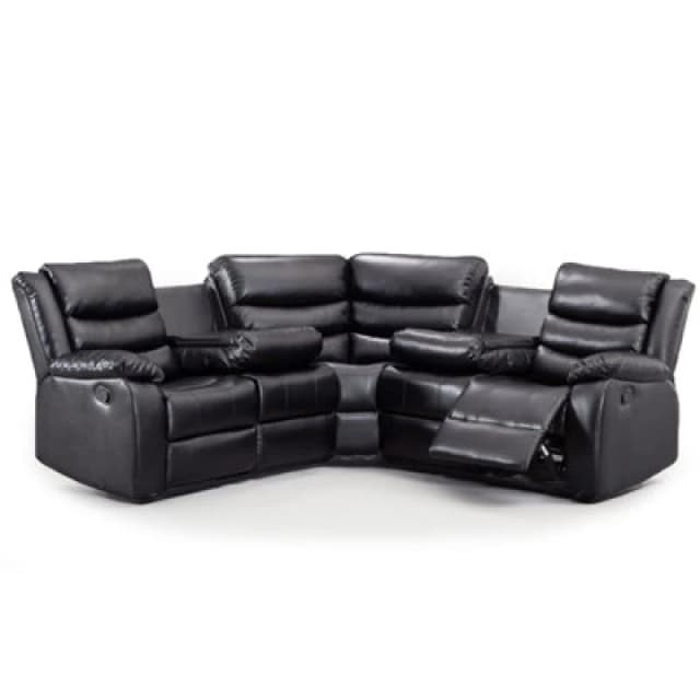 Furnishings For Less UK Minnesota Black Leather Reclining Corner Sofa 5 Seater Manual Recliner Comfortable Padded Arms