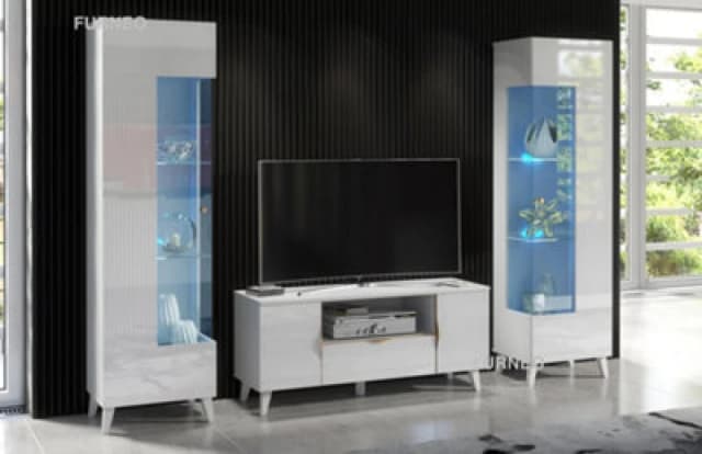 Furneo High Gloss & Matt White Living Room Set TV Stand Display Cabinets Azzurro 8/12 Blue LED Lights