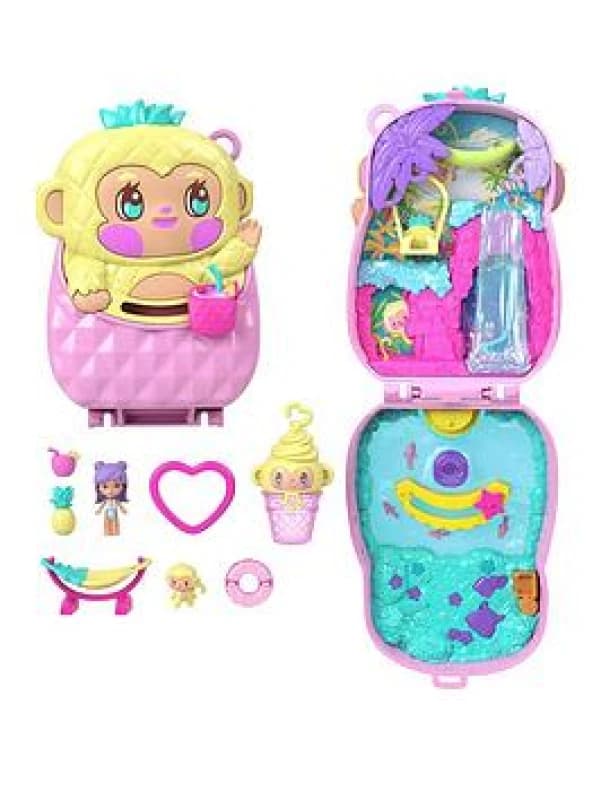 Polly Pocket Dolls and Playset Pineapple Monkey Compact Travel Toy with 1 Micro Doll Pet Hammock Fruit Themed Accessories JKC49